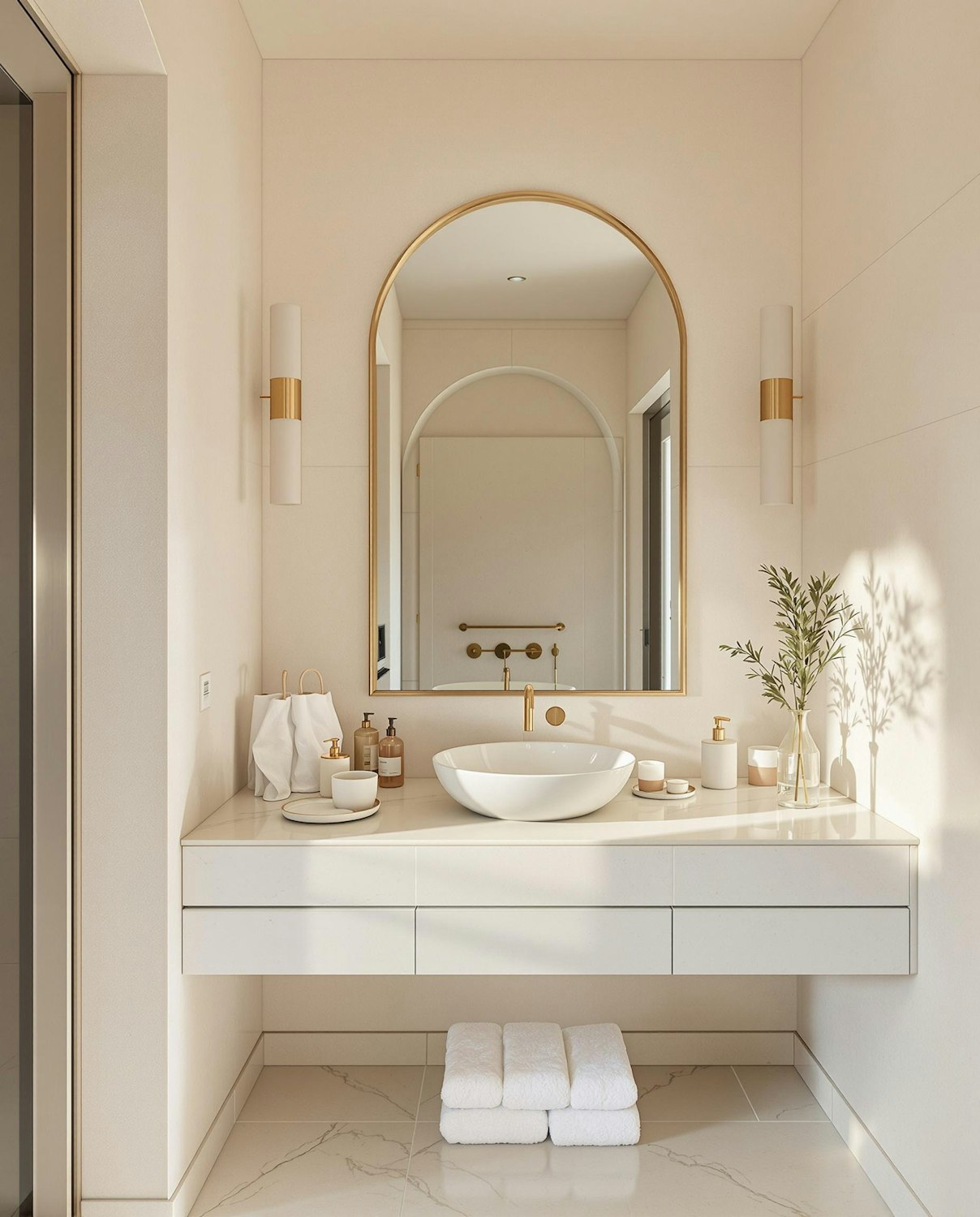 Bathroom with a floating white vanity, a round basin and an arched brass mirror