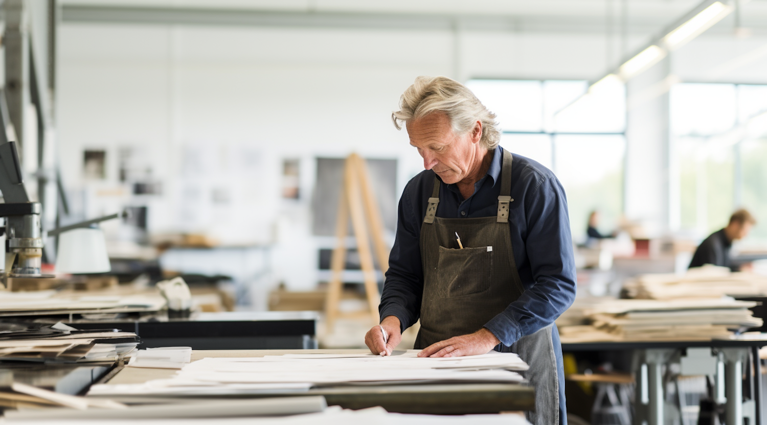 Craftsman in a work apron marking up plans at a bench in a bright workshop