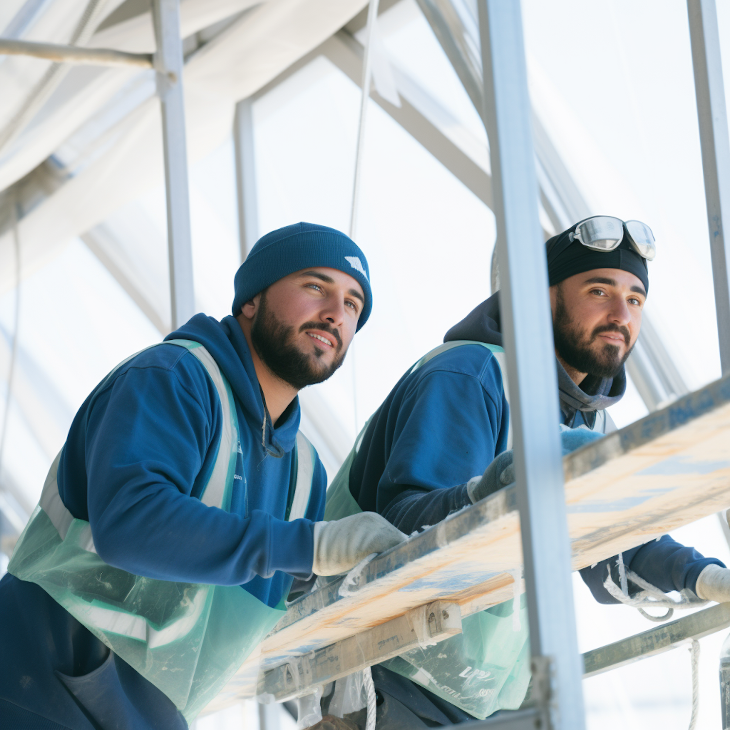 Two builders in hoodies and safety vests working from a scaffold
